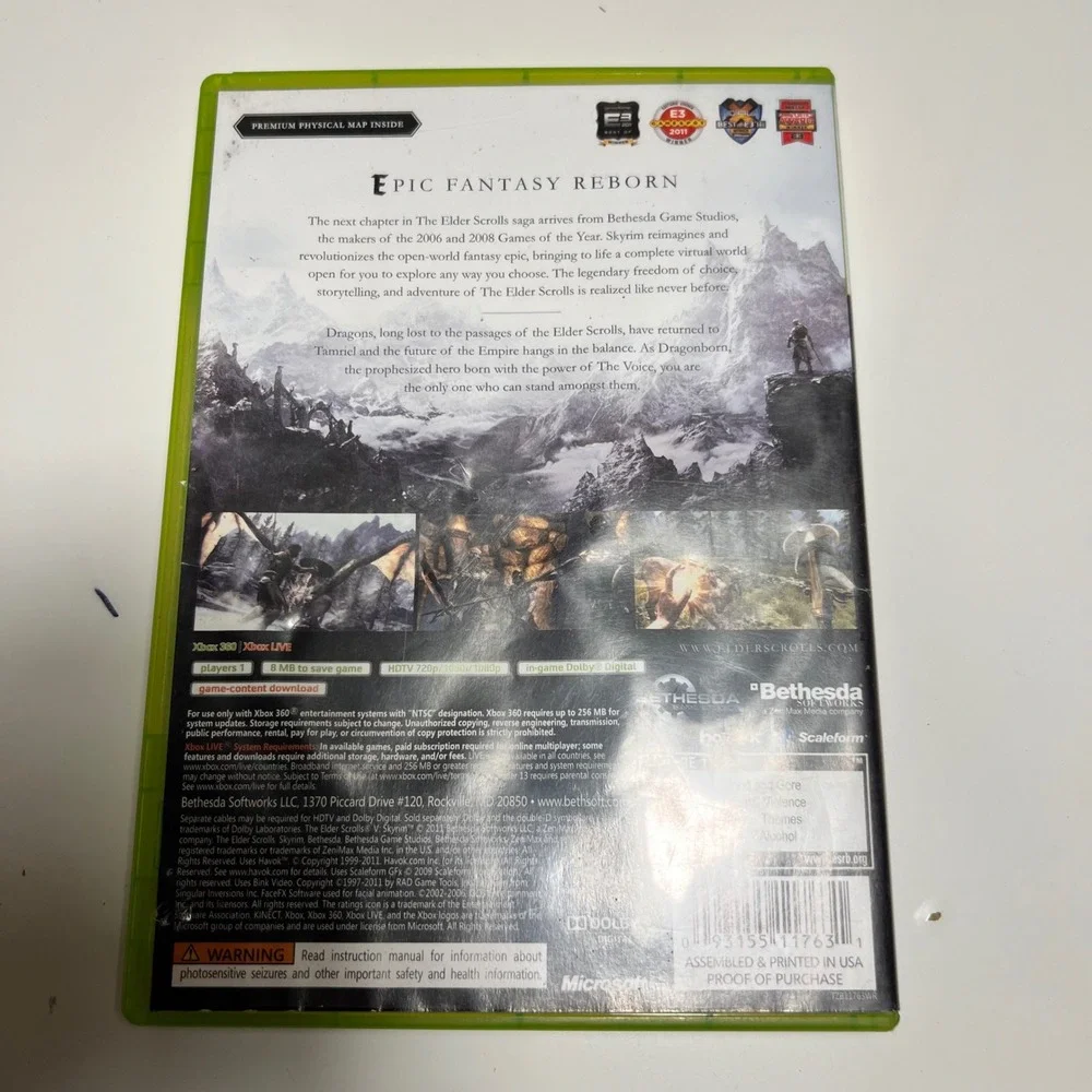 Bethesda Xbox 360 Video Game The Elder Scrolls V Skyrim Black‎ Fantasy RPG 2011